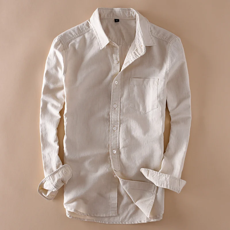 Cotton Men's Linen White Shirt Top - Long Sleeve Turn-Down Collar Streetwear image 4