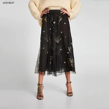 2018SS женская модная черная длинная Плиссированная фатиновая юбка с эластичной резинкой на талии, вышитая сетка, блестящая нить, животные, блестки с подкладкой