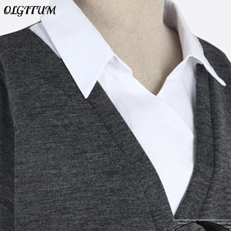 2018 New Women tops Fake two-piece shirt turn-down collar sweater slim fashion clothing women sweater plus size 5XL