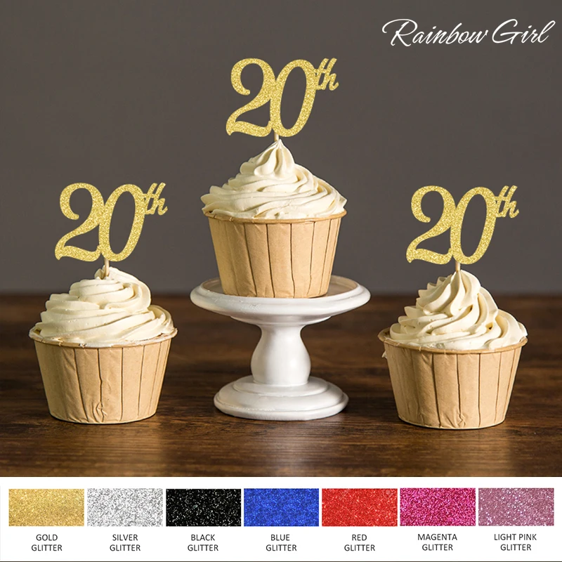 Золотые/Серебристые/черные блестящие 20 капкейковые топперы для празднования дня