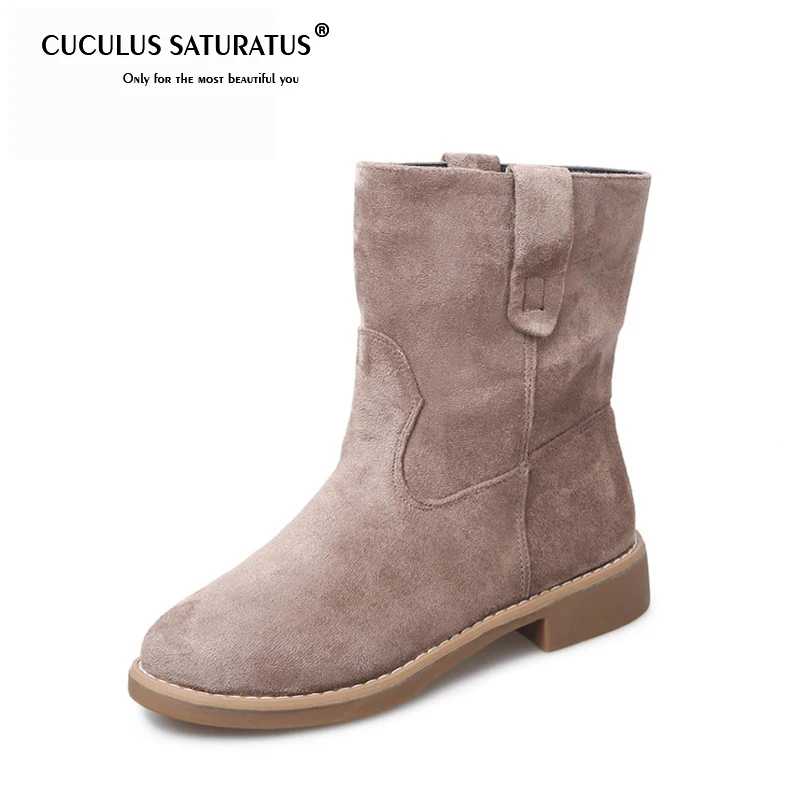 

Cuculus Women Ankle Boots Flat Heels Shoes Woman Faux Suede Leather Boots Brogue Slip on Botas Black Brown Khaki Size 35-39 1420
