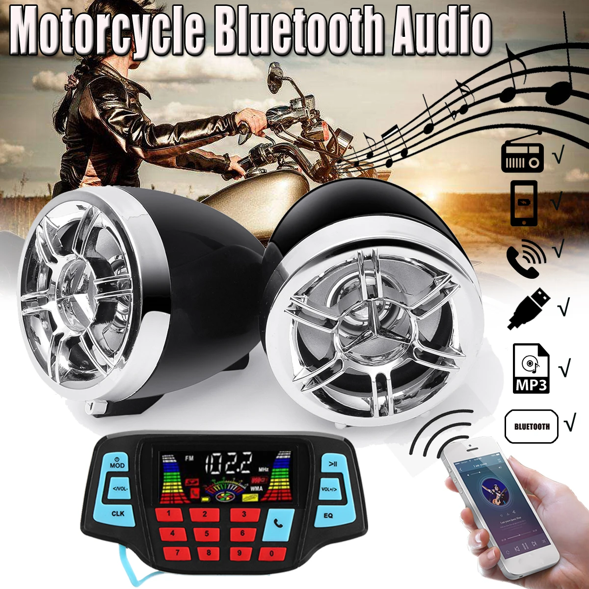 Купить Мотоцикл bluetooth аудио звук радио Системы стереодинамики MP3 USB водонепроницаемые наклейки для автомобилей Аксессуары