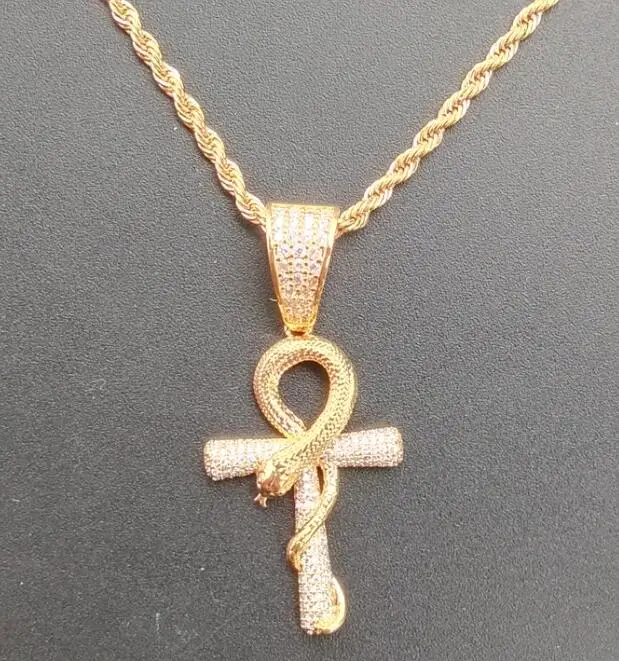 Латунь AAA CZ Змея с крестом кулон и ожерелье хип хоп ювелирные изделия для мужчин и женщин вечерние подарок CN098 - Окраска металла: gold color