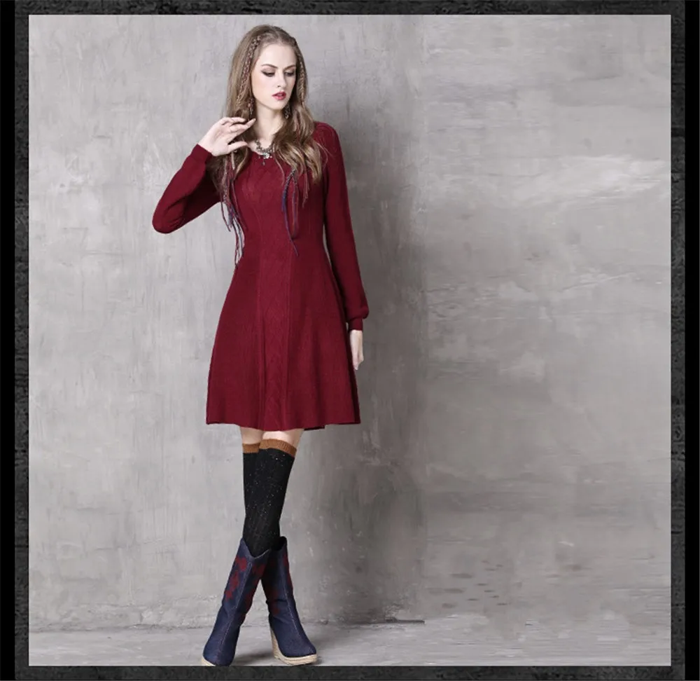 Vintage Elegant Women Winter Dress Tunic Cotton&Wool O-neck Dress Warm Dresses Solid Vestidos Femininos Vintage Skinny Dresses (13)