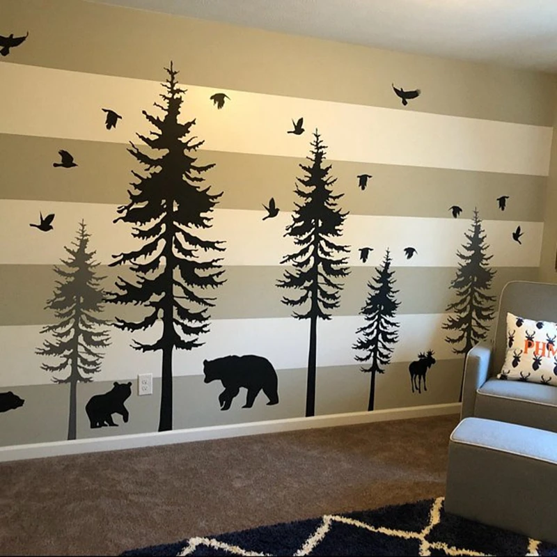 Огромные сосновые деревья с птицами, настенные наклейки, виниловые наклейки для детской комнаты, детский настенный художественный декор с изображением природы, Лесной лес, большая наклейка на стену