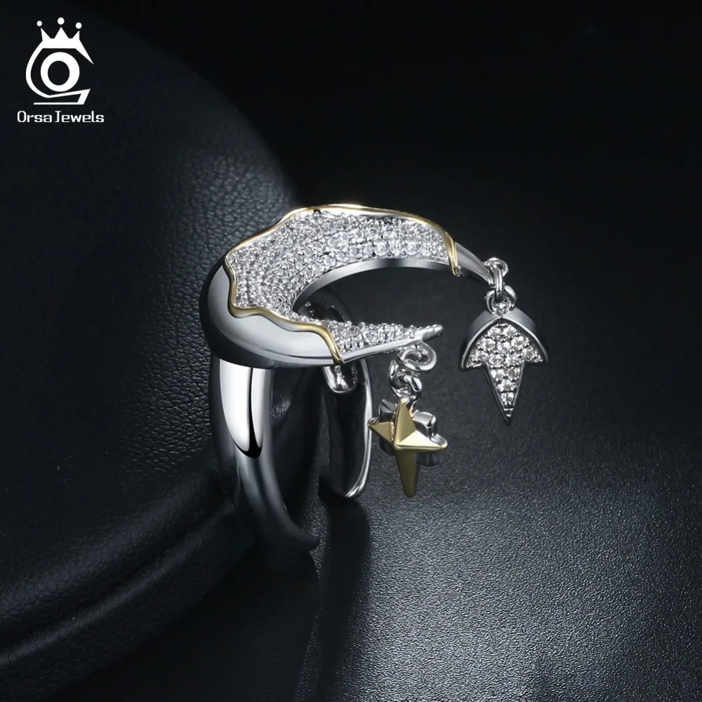 ORSA JEWELS Women Finger Rings Silver Color With Gold-color 23MM Moon And Dangle Meteor Shiny CZ Adjustable Female Jewelry OR185