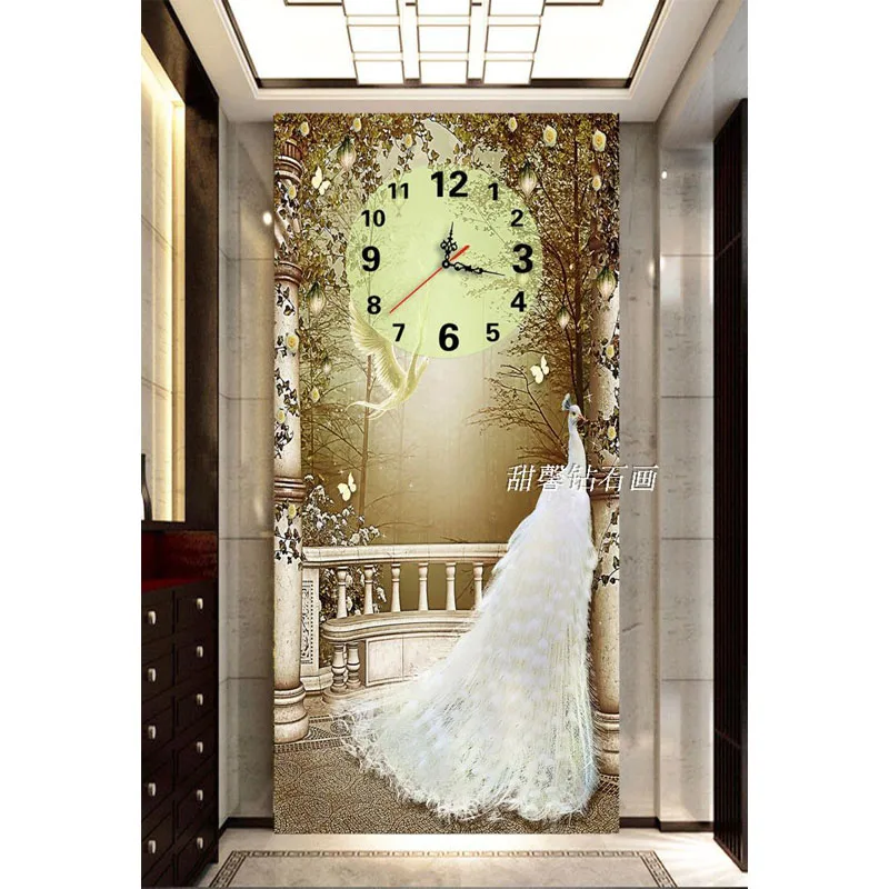 

The Modern European Style Living Room Full Square Diamond Painting Cross Stitch White Peacock Dial Clock, Diamond Embroidery