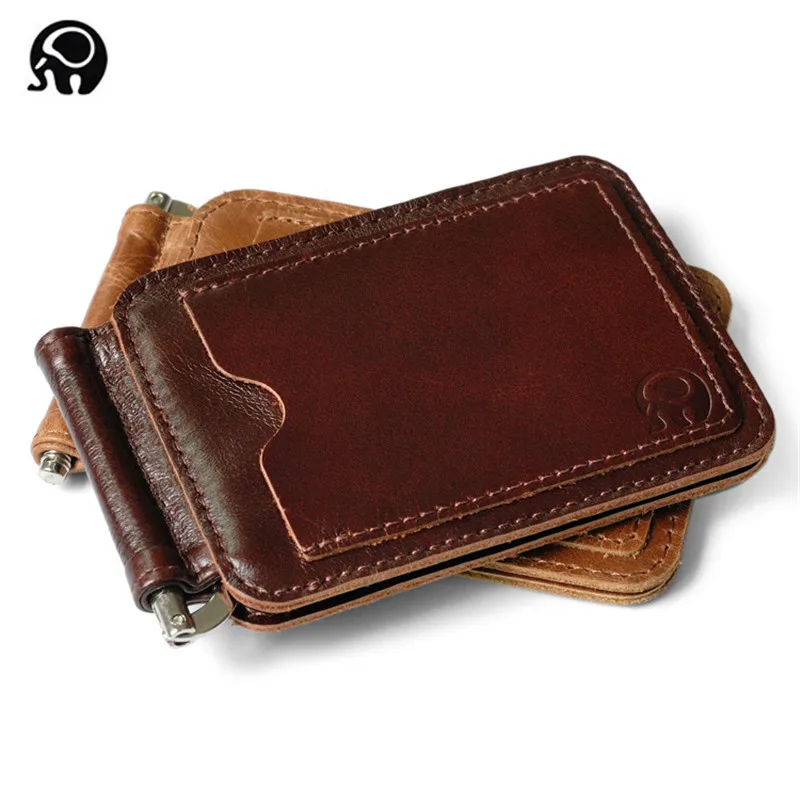 Thin Billfold Vintage Wallet Men Money Clips Genuine Leather Clamp for