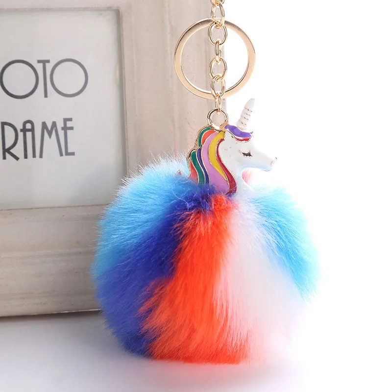 

Unicorn pompom Keychain Colorful Fake Rabbit fur ball Fluffy licorne Key Chain Horse porte clef Bag Car Keyring