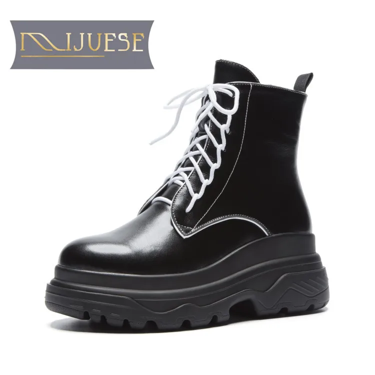 

MLJUESE 2019 women ankle boots cow leather lace up Rome style winter short plush boots women martin boots party size 34- 40