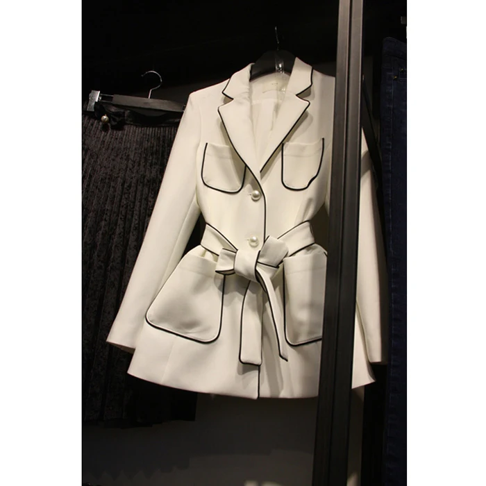 Элегантный жемчуг пуговицы Блейзер OL мини женщина костюм карманы куртка кардиган однобортный Зубчатый воротник с длинным рукавом Топы