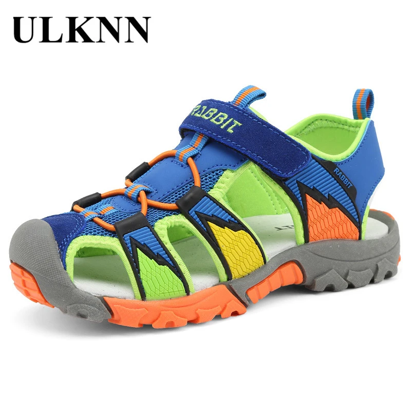 

ULKNN Summer Boys Beach Sandals For Kids Shoes Suede Genuine Leather Close Toe Breathable Cut-outs Pig Leather Children Shoes