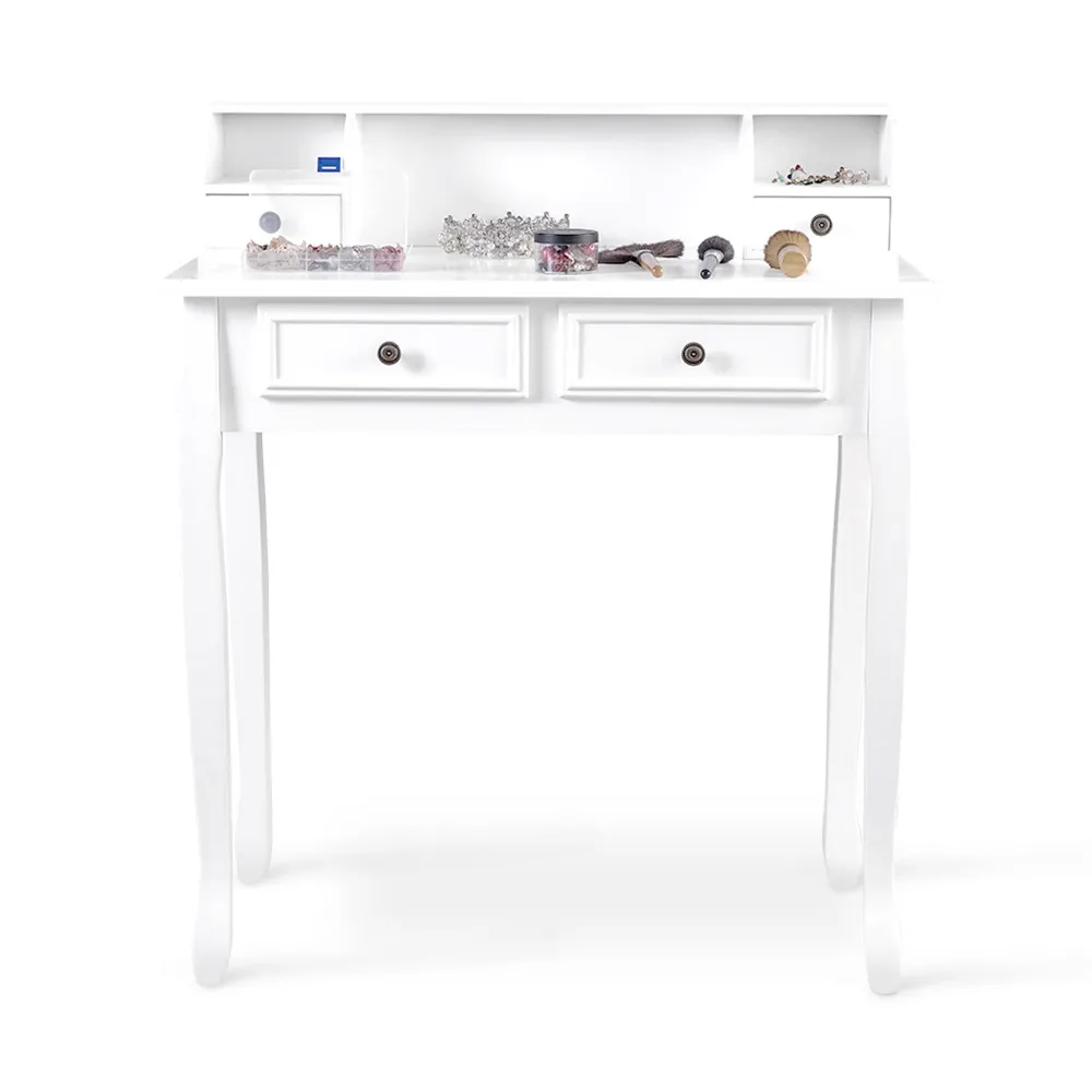 LANGRIA Makeup Dressing Table Vanity with 4 Drawers, 3 Open Storage Compartments and Solid Rubberwood Legs Makeup Dresser-White 4