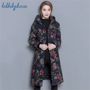 

Winter Coat Women Plus Size Print Embroidery Hooded Parka 2018 New Office Loose Cotton Linen Long Sleeve Jackets Feminina LD422