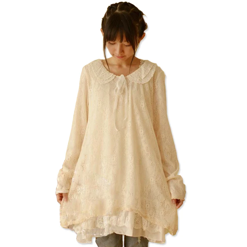 

2016 Japanese Kawaii White Lace Dress Mori Girl Peter Pan Collar Long Sleeve Sweet Vintage Gowns Dresses Vestido De Festa C208