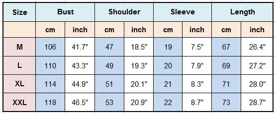 Short Sleeve Size Chart