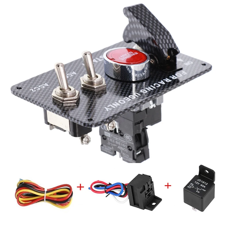 

Racing Car Autos Carbon Ignition Toggle Switch Panel Red LED light with Engine Start Push Button 12V 20A Panels