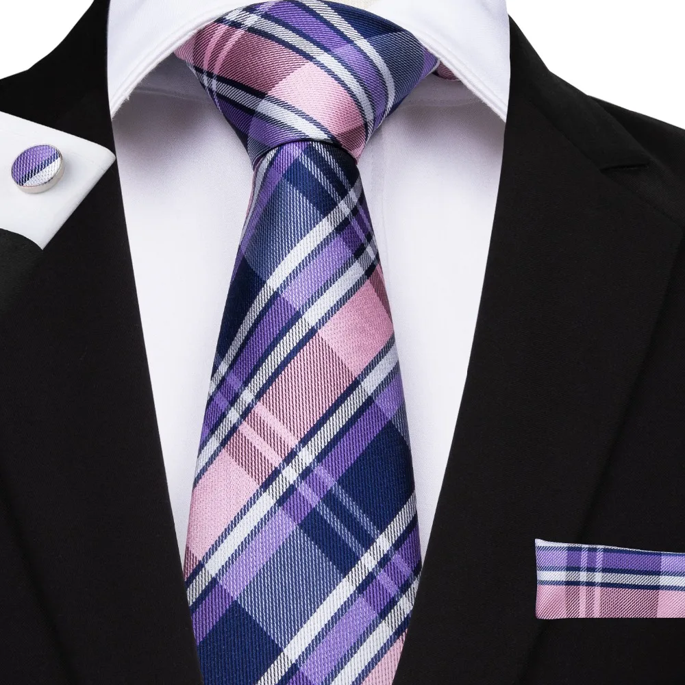 

DiBanGu New SJT-7021 Blue Purple Pink Plaid Tie for Men Suit Business Wedding Party Tie Set Hanky Cufflinks Ties 150cm long Tie