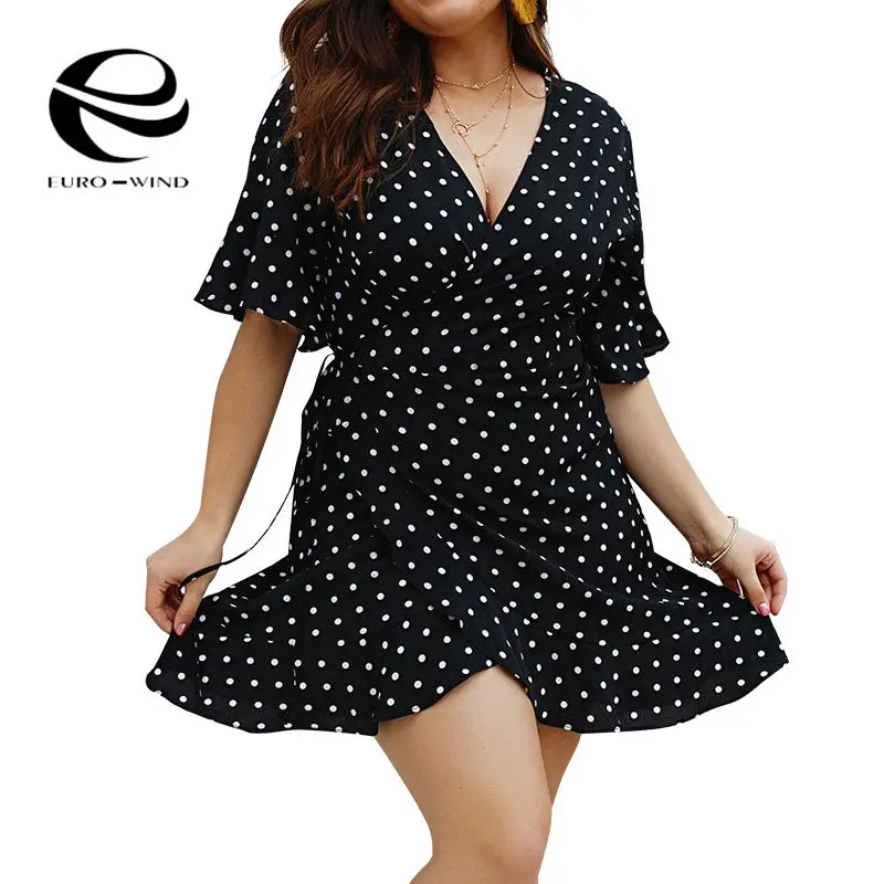 Plus Size 4XL 2019 Summer Dress Women Short Sleeve V-neck Dot Print Boho Sexy Beachwear Ruffles Mini Dresses Vestidos | Женская одежда