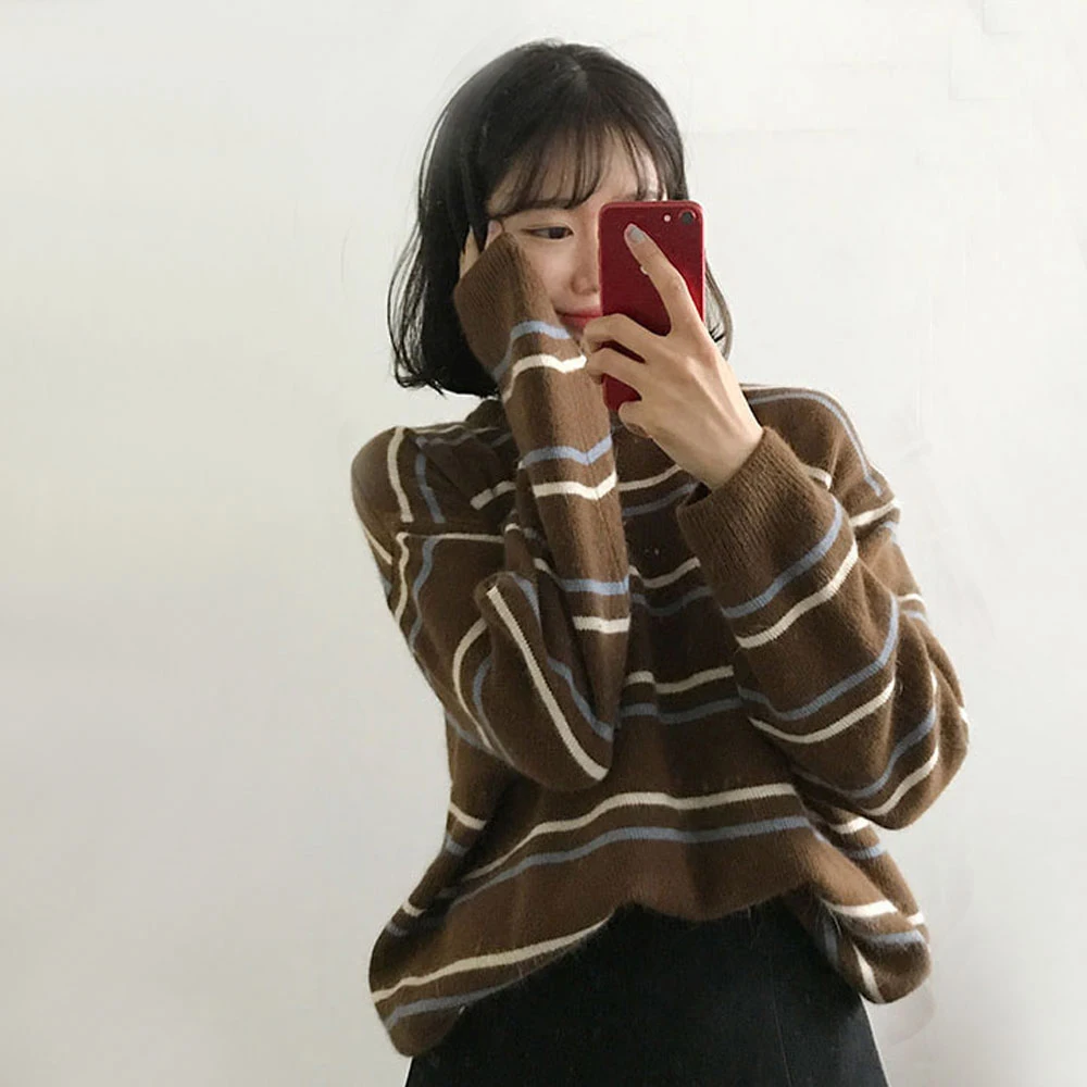 DICLOUD повседневные женские пуловеры зимние свободные свитера женские топы в полоску Женская винтажная одежда Harajuku свитер с круглым вырезом