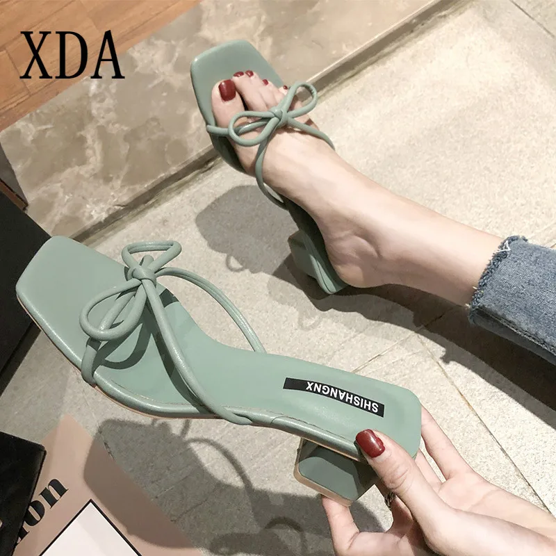 

XDA 2019 Women slipper High Heels Sexy Peep toe Slip-on Party Sandals For Lady Square Heel slipper mid heel bowknot Slippers B55