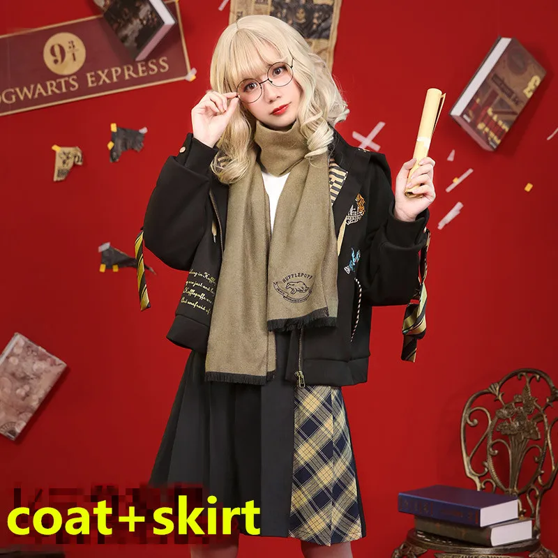 Для взрослых Hufflepuff, костюмы для косплея колледжа, шарфы, Тренч, куртки, пальто, юбка для женщин, девочек, мальчиков, вечерние, для школы, Волшебная Одежда - Цвет: coat skirt