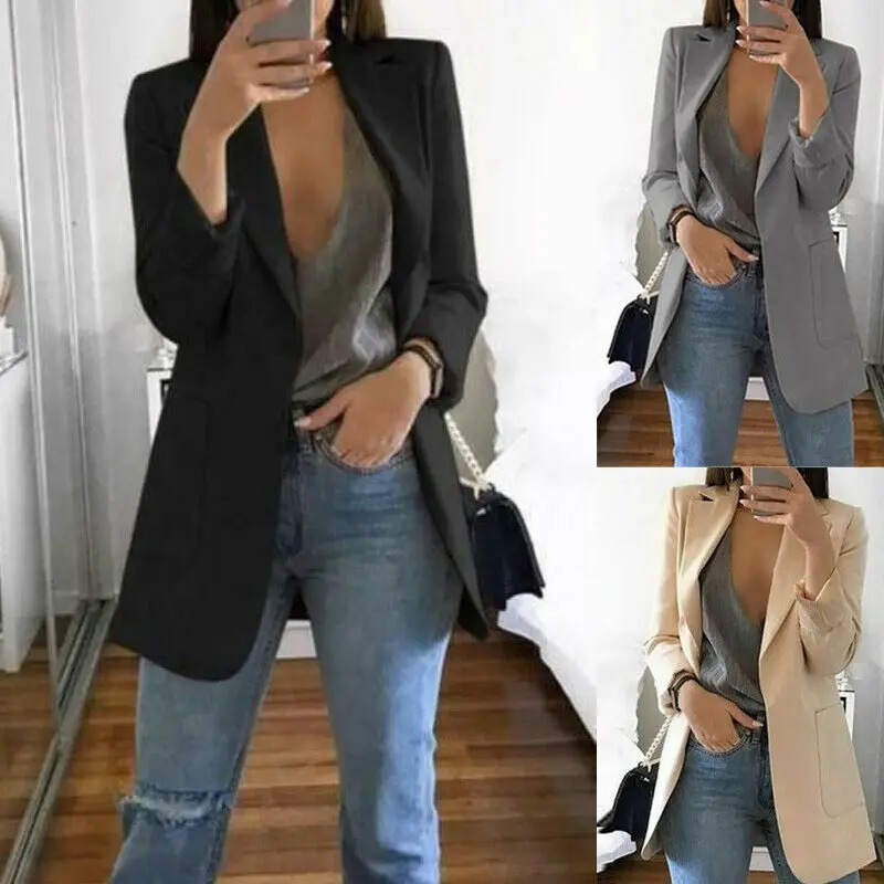 

Office Lady Clothes Women Clothes 2019 New Casual Women's Slim Long Sleeves Turn-Down Collar Cardigan Mid Solid Coat