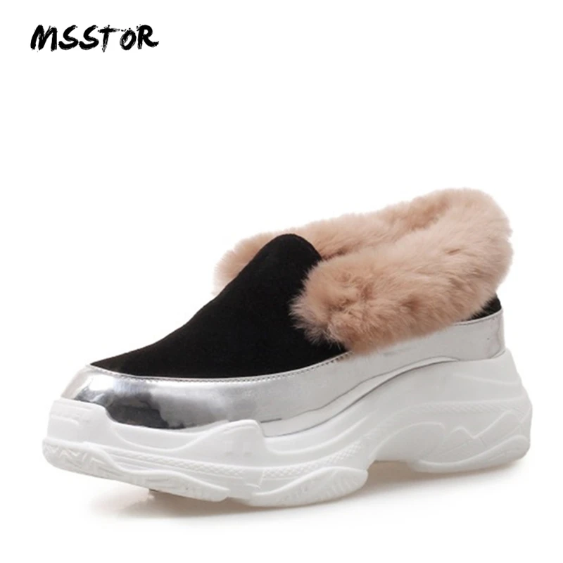 

MSSTOR 2018 New Sweet Fur Boots Round Toe Concise Wedges Winter Cow Suede Black Platform Boots Mixed Colors Women Snow Boots 5CM