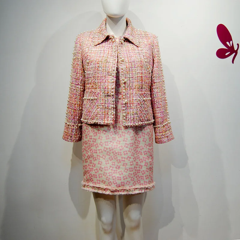 

Designer Advanced Custom Square Collar Costume Tweed Short Coat Noble Lady Luxury Shiny Handwork Pearl Beading Jacket Spring Top
