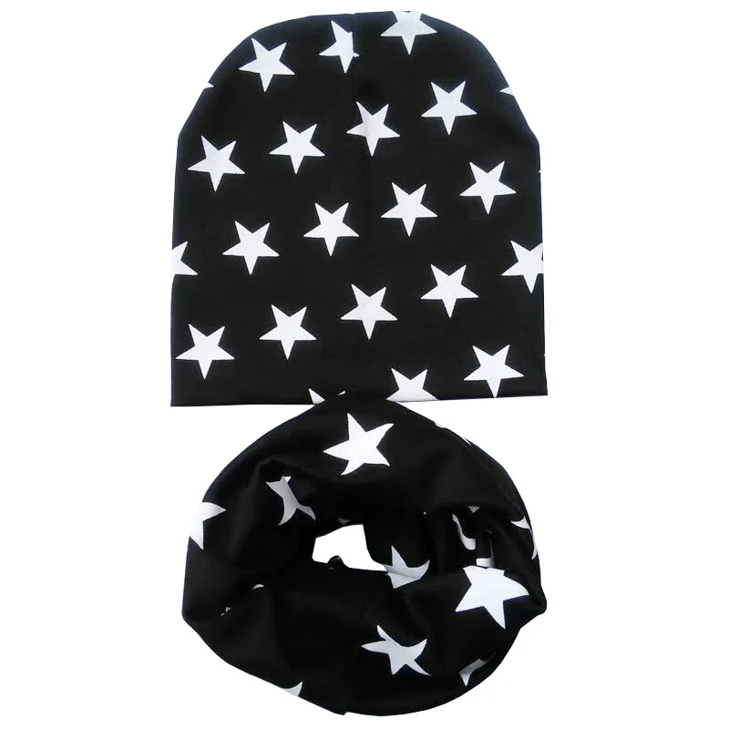 Black star set Новая осенне-зимняя детская шапка, комплект для мальчиков и девочек, шарф на шею, весенний теплый шейный платок, детские вязаные шапки, комплекты, хлопковая детская шапка, шарф - Цвет: Black star set