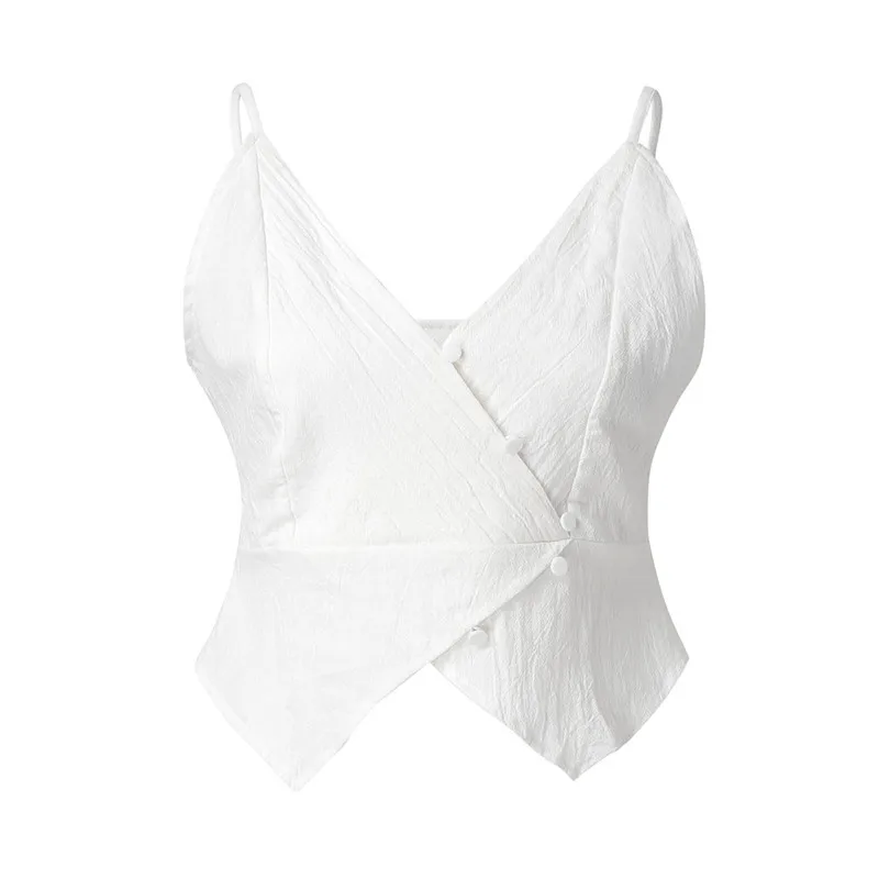 New Women Summer Sexy Sleeveless Pure color Deep V Neck Camisole Buttons Beach Casual Shirts  Wholesale and ropshipping #4A26 (4)