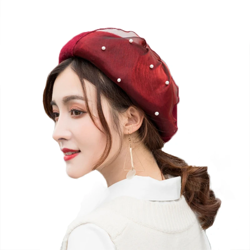 

Vintage Wool Women Pearl Beret Hats with Bowknot French Painter Hat Warm Winter Girl Sweet Beanie Bonnet Femme Gorras M156