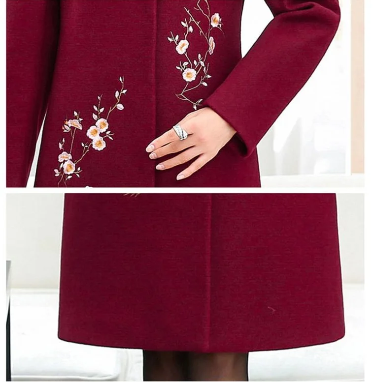 UHYTGF L-5XL, зимнее шерстяное пальто для женщин, Модный меховой воротник, вышивка, элегантная женская шерстяная куртка, тонкая женская верхняя одежда, большие размеры, 130
