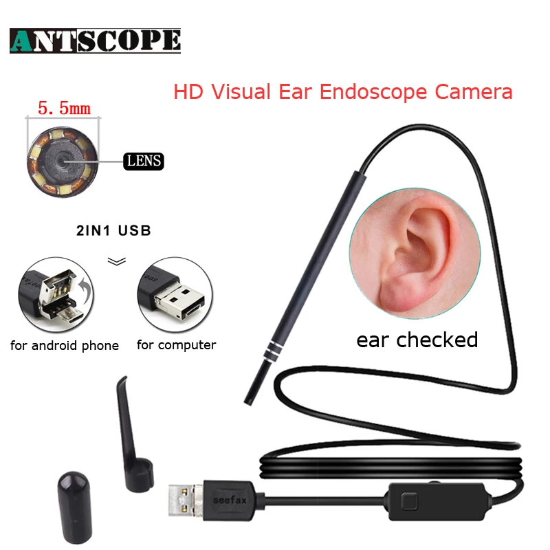 Antscope HD Visual очистки уха USB андроид эндоскоп 5 мм Оториноларингология эндоскопия