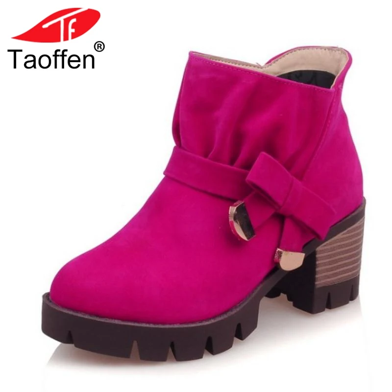 

TAOFFEN Fashion Office Lady High Heels Boots Bowknot Warm Fur Shoes Women Winter Ankle Boots Party Wedding Shoes Size 34-43