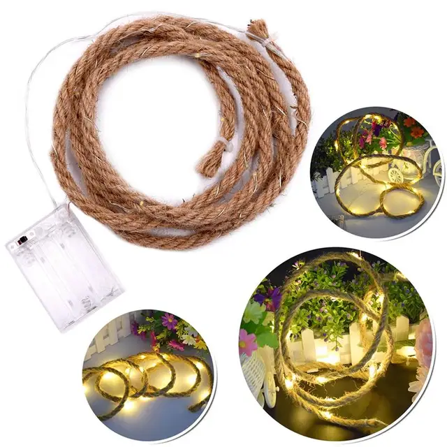 2M 20 LED Hemp Rope Decorative Fairy String Lights Battery Operated Garden Party Indoor Outdoor Light Lamp (Warm White)