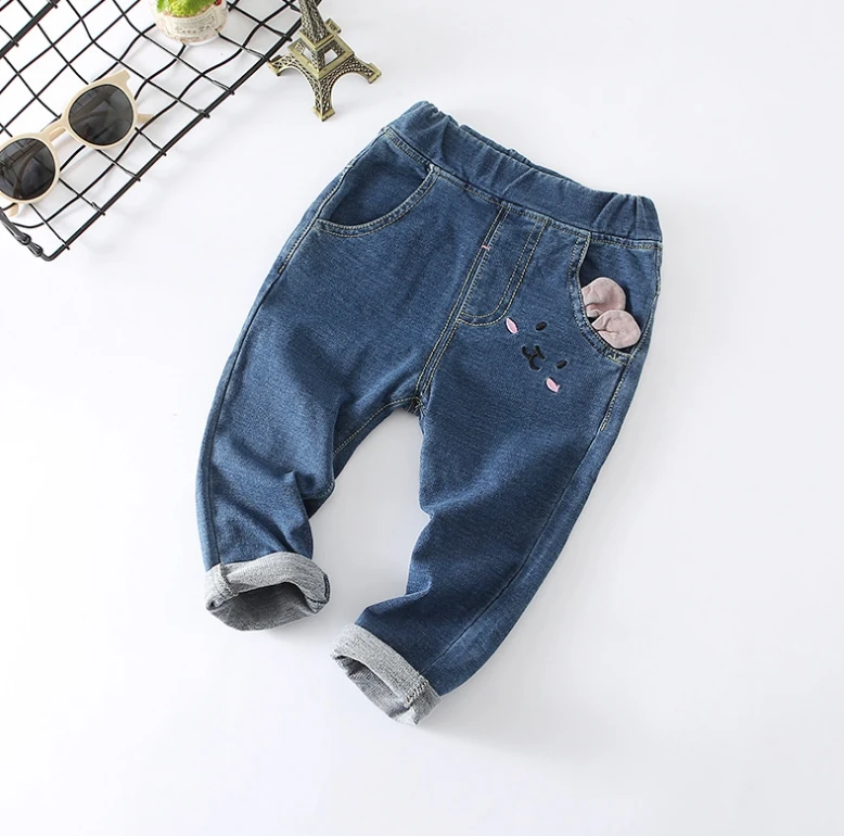  Spring New Arrival Baby Girls Soft Knitting Denim Jeans Kids Cotton Cartoon Jeans Child Comfortable