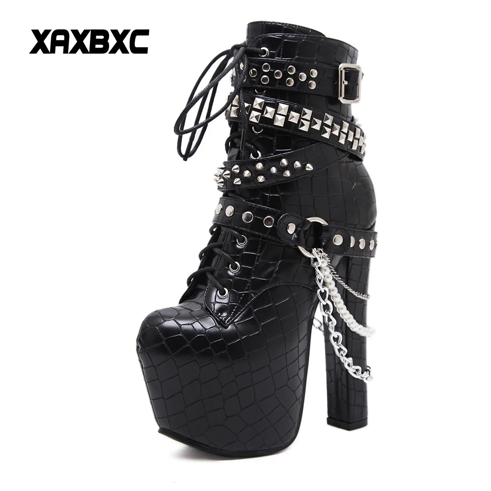 

XAXBXC 2018 New Autumn Winter Leather Rivet Chain Platform High Heels Short Boots Short Plush Women Botas Mujer Shoes