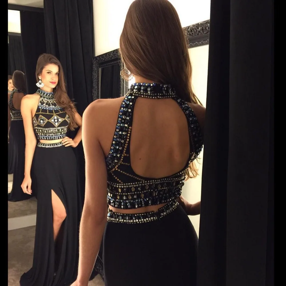

Mermaid Two Peices Evening Dresses 2016 New Beads Crystal Black Long Chiffon Formal Prom Gowns
