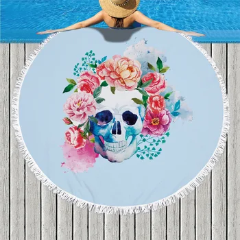 

2018 Fashion Style Skull Head 480G Round 150cm Beach Towel With Tassels Picnic Blanket Swimming Towel Toalla De Playa