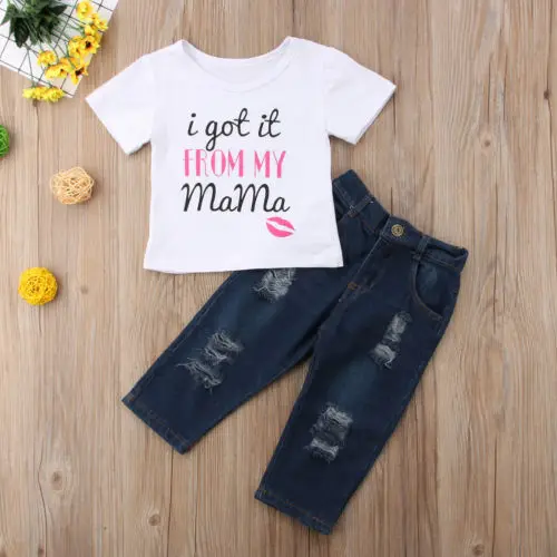 أزياء أطفال الطفلات الصبي طباعة ملابس طفلة طفل القطن shirt ملابس sunsuit + جينز الدينيم السراويل 2 قطع مجموعة