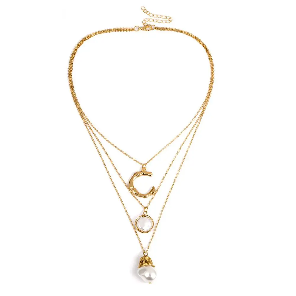 

XIUFEN Women Necklace Gold Color Simple Multi-layer Pearl Pendant Geometric C Shaped All-match Chic Necklace Female Jewelry