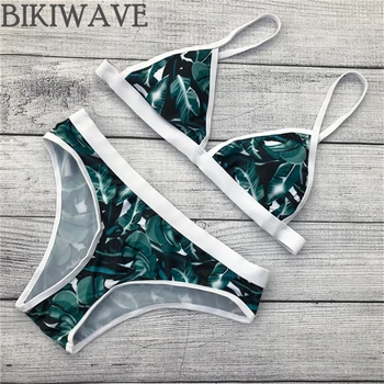 

New style flower pattern green leaf women bikini adjustable strap swimsuit Brazilian bathing suit padded swimwear