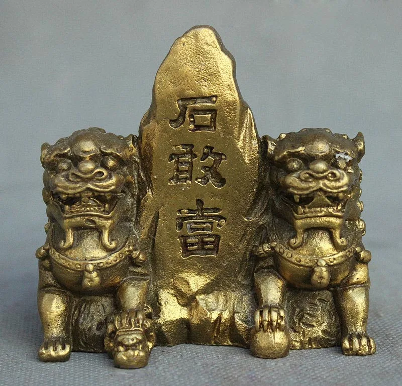 Cinese Folk Zhenzhai Rame Ottone 2 Guard Fu Foo Dog Lion Statue Shi Guan Dang