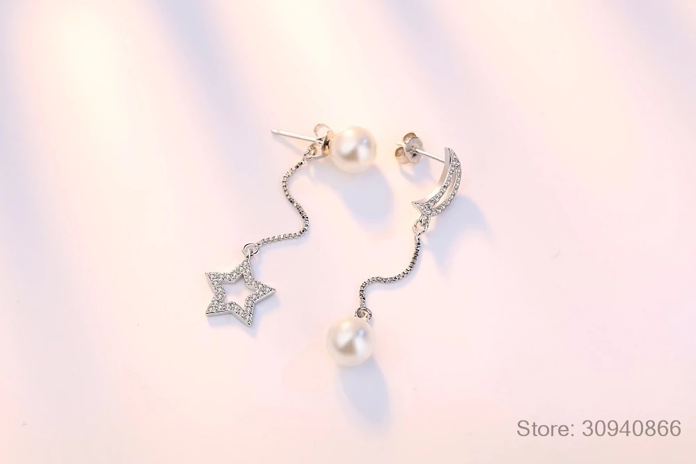 Новая жемчужина из блестящего циркония Звезда Луна дизайн 925 стерлингового серебра Висячие серьги для женщин девочек ювелирные украшения