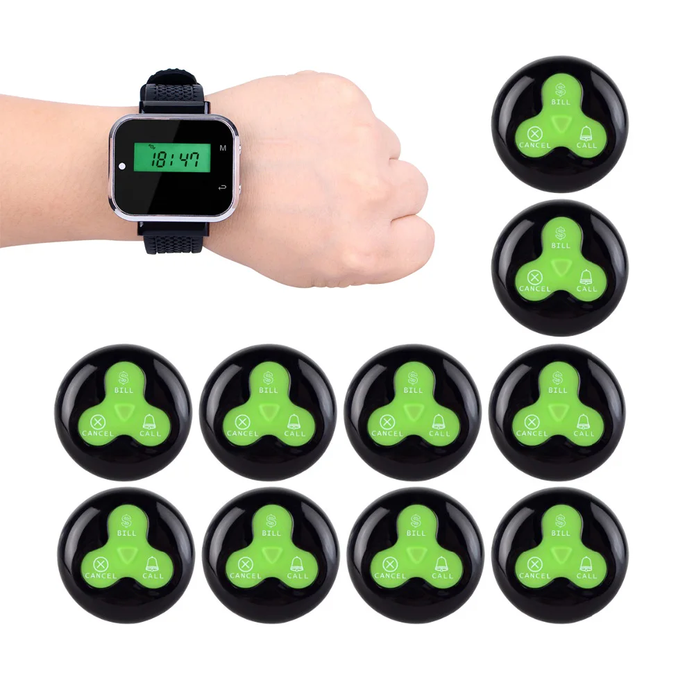 

Restaurant Pager 1pcs Watch Wrist Receiver Host +5pcs Call Transmitter Button Wireless Guest Queuing Calling System F3294