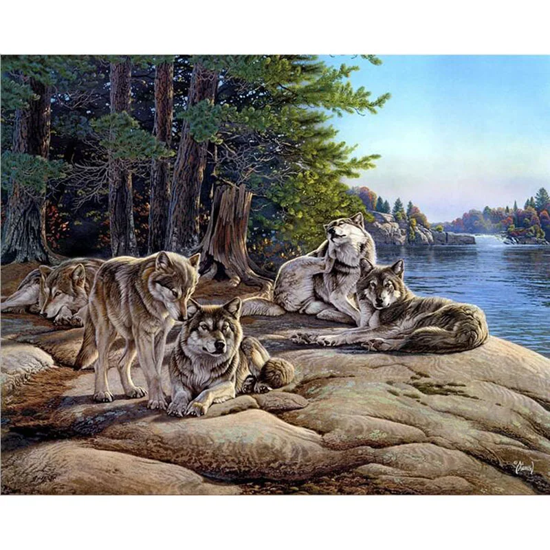 

wolf family animals home decor diy diamond painting full diamond embroidery mosaic pictures of rhinestones landscape wall art