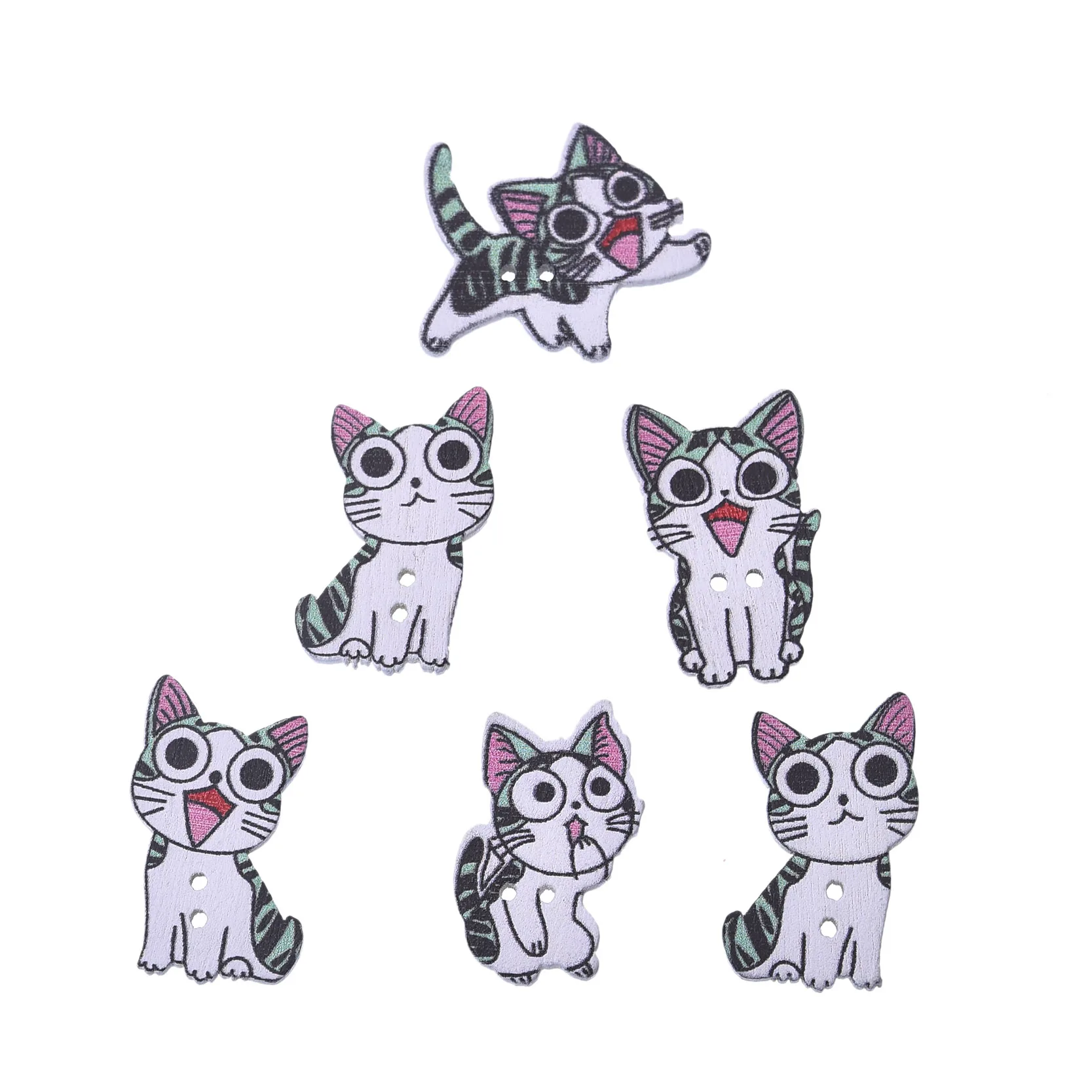 

50pcs/Set Cute Cat Shaped Wood Button 2 Holes Random Mixed Animals Wooden Button For DIY Children Clothes Decoration 26*16mm