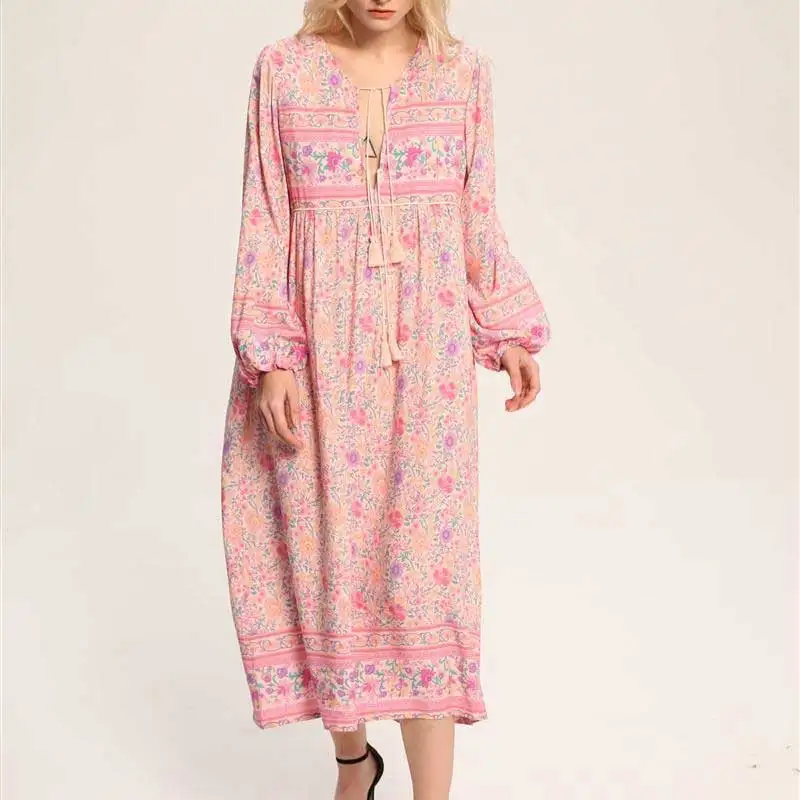 Pink Boho dress women floral print rayon V neck long sleeve chic