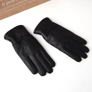 

864564 leather gloves Women winter sheepskin plus velvet padded warm short driving cycling finger gloves leather gloves